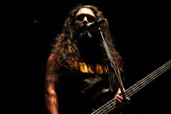 Un músico con pelo largo en un concierto interpretando su bajo