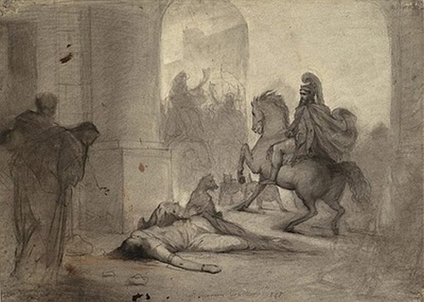 Vemos aunamujer muerta en el suelo donde hombres a caballos pasan cerca a ella