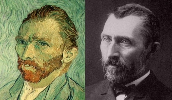 vemos a un hombre de rostro grave en una pintura y al lado la misma persona  pero ya en foto