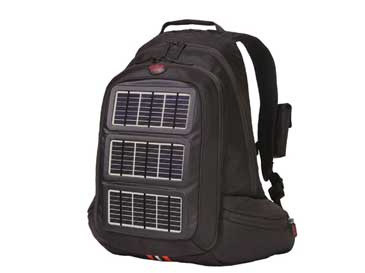 Vemos un maletin que funciona con energia solar negro con cantidad de celdillas  tiene cargaderas para llevarlo a la espalda