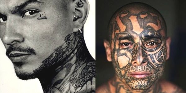 Vemos dos rostros de hombres tatuados con diferentes dibujos en muchos colores