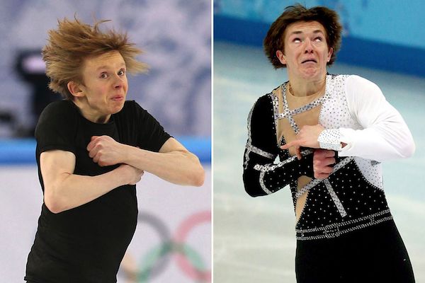 Vemos dos personas patinan personas patinando con caras de miedo en dos expreciones diferentes