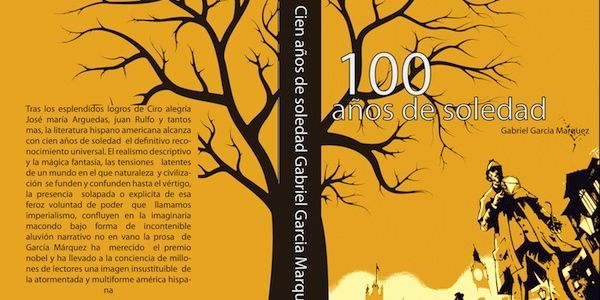 Vemos un libro de caratula amarilla con un árbol sin follaje  y tronco ramas en color café donde se ve ell nombre 100 años de soledad
